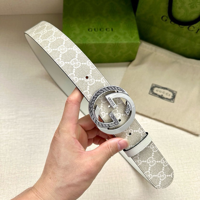Gucci Women's Belt Classic Double G Double G Logo Women's Wide Leather Belt Made Of Beige And White Gsueme Canvas Width 3.8cm