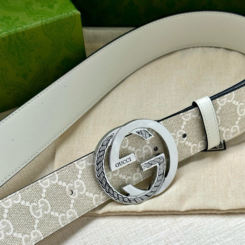 Gucci Women's Belt Classic Double G Double G Logo Women's Wide Leather Belt Made Of Beige And White Gsueme Canvas Width 3.8cm