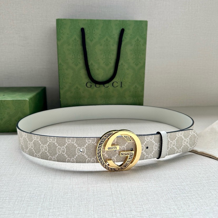 Gucci Women's Belt Classic Double G Double G Logo Women's Wide Leather Belt Made Of Beige And White Gsueme Canvas Width 3.8cm