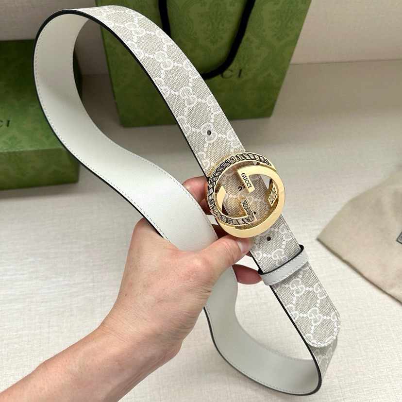 Gucci Women's Belt Classic Double G Double G Logo Women's Wide Leather Belt Made Of Beige And White Gsueme Canvas Width 3.8cm