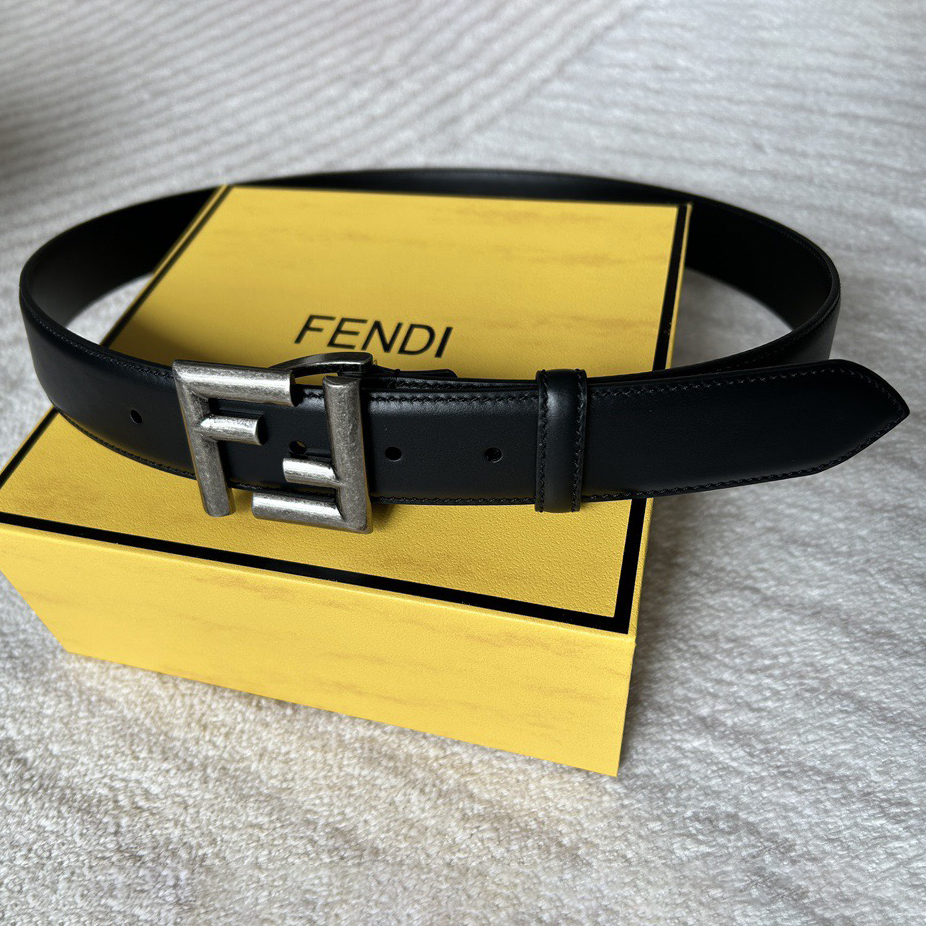 FENDI Unisex Casual Waist Belt Width 3.5cm Black Double-Sided Calf Leather With Loop And FF Nail Buckle Retro Gold Coated Metal Accessories Simple Fashionable Elegant And Atmospheri