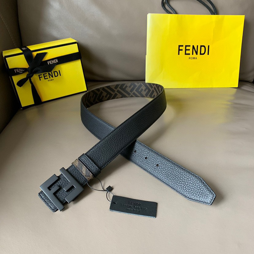FENDI Men's Casual Front And Back Double-Sided Belt With Width Of 4.0cm Ff Pattern Imported C Material Reverse Head Layer Grain Leather Ff Enamel Nail Buckle Fashionable Casual Personality