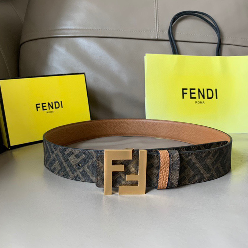 FENDI Men's Double-Sided Belt Ff Nail Buckle Brown Cuoio Romano Cowhide Material Tobacco Yellow And Brown Ff Pattern Fabric Lining Brushed Gold Finish Metal Parts