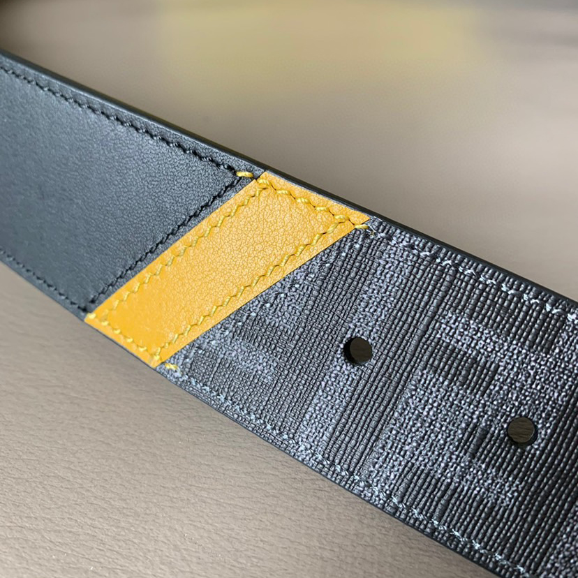 FENDI Men's Fashion Casual Belt Glazed Fabric Material Adorned with FF Pattern Black Smooth Calfskin Lining with Blue Cowhide Details And With Box