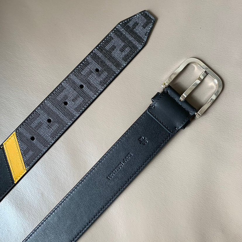 FENDI Men's Fashion Casual Belt Glazed Fabric Material Adorned with FF Pattern Black Smooth Calfskin Lining with Blue Cowhide Details And With Box
