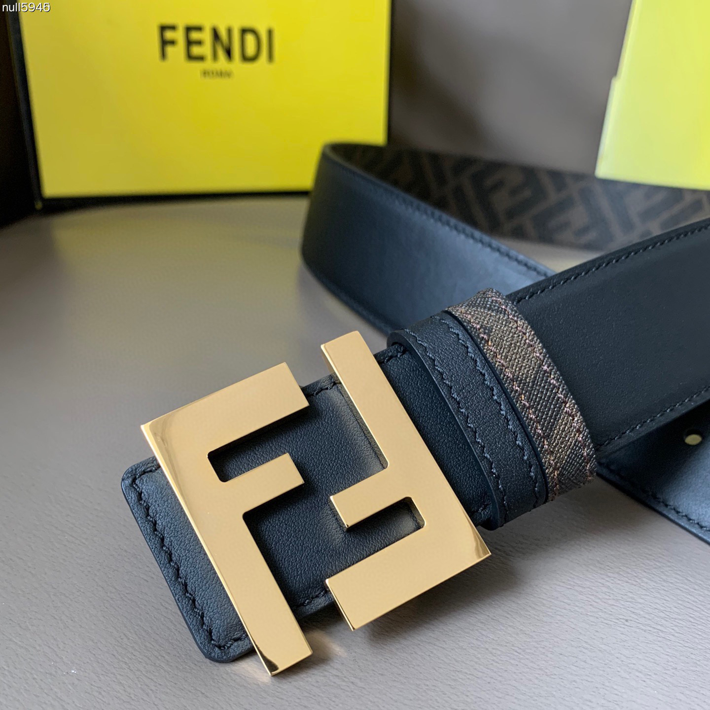 FENDI Men's Double-Sided Belt Ff Nail Buckle Black Cuoio Romano Cowhide Material Tobacco Yellow And Black  FF Pattern Fabric Lining Brushed Gold Finish Metal Parts