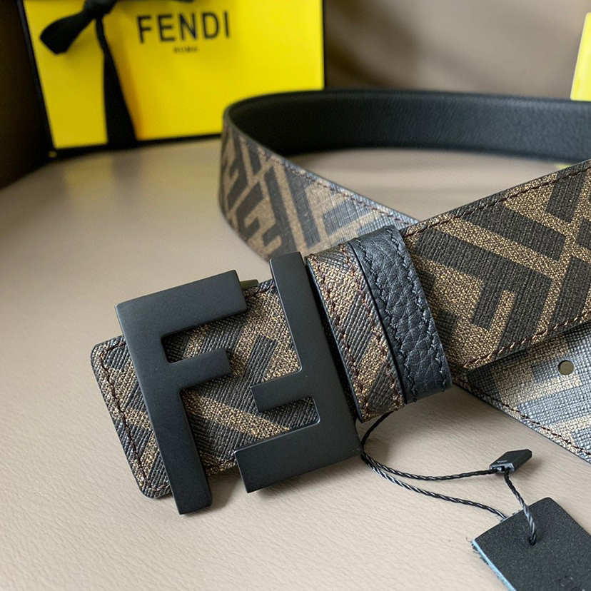 FENDI Men's Casual Front And Back Double-Sided Belt With Width Of 4.0cm Ff Pattern Imported C Material Reverse Head Layer Grain Leather Ff Enamel Nail Buckle Fashionable Casual Personality