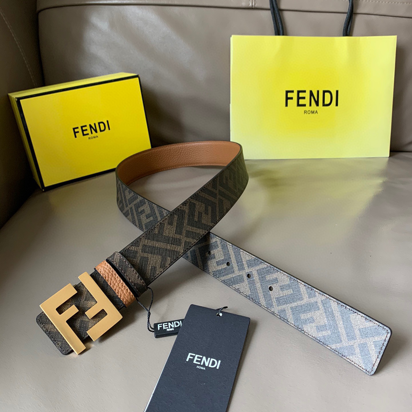 FENDI Men's Double-Sided Belt Ff Nail Buckle Brown Cuoio Romano Cowhide Material Tobacco Yellow And Brown Ff Pattern Fabric Lining Brushed Gold Finish Metal Parts