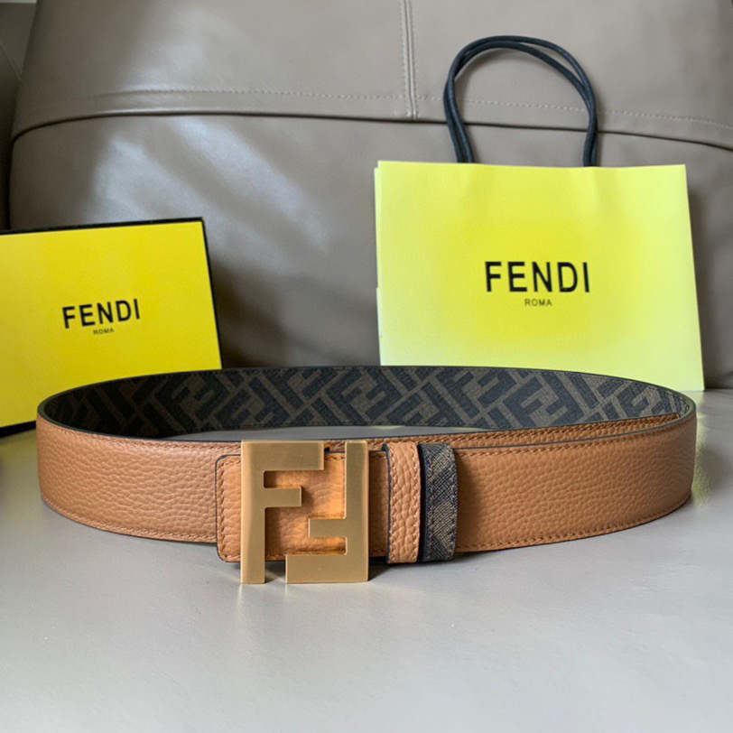 FENDI Men's Double-Sided Belt Ff Nail Buckle Brown Cuoio Romano Cowhide Material Tobacco Yellow And Brown Ff Pattern Fabric Lining Brushed Gold Finish Metal Parts