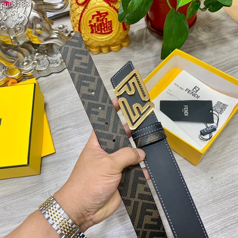 FENDI Unisex Double Ring Front and Back Waistband FF Nail Buckle Double Color Cuoio Romano Leather Material Back Fabric with Tobacco Yellow and Black FF Pattern Black Enamel Metal Finish Fashion Classic Versatile Style Width 4.0cm