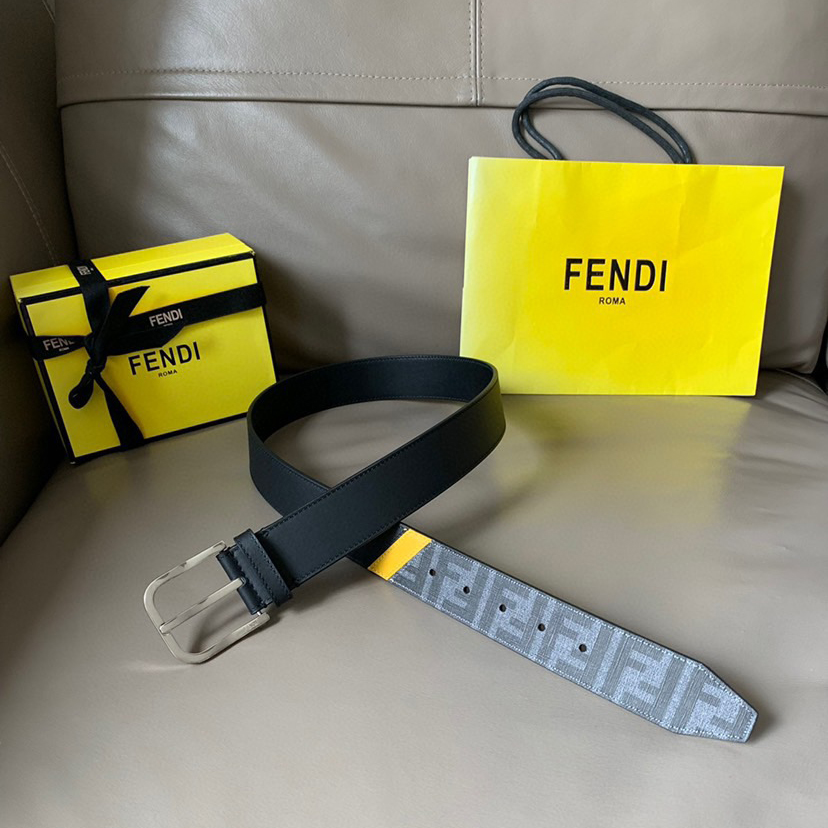 FENDI Men's Fashion Casual Belt Glazed Fabric Material Adorned with FF Pattern Black Smooth Calfskin Lining with Blue Cowhide Details And With Box