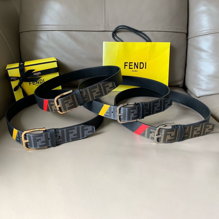 FENDI Men's Fashion Casual Belt Glazed Fabric Material Adorned with FF Pattern Black Smooth Calfskin Lining with Blue Cowhide Details And With Box