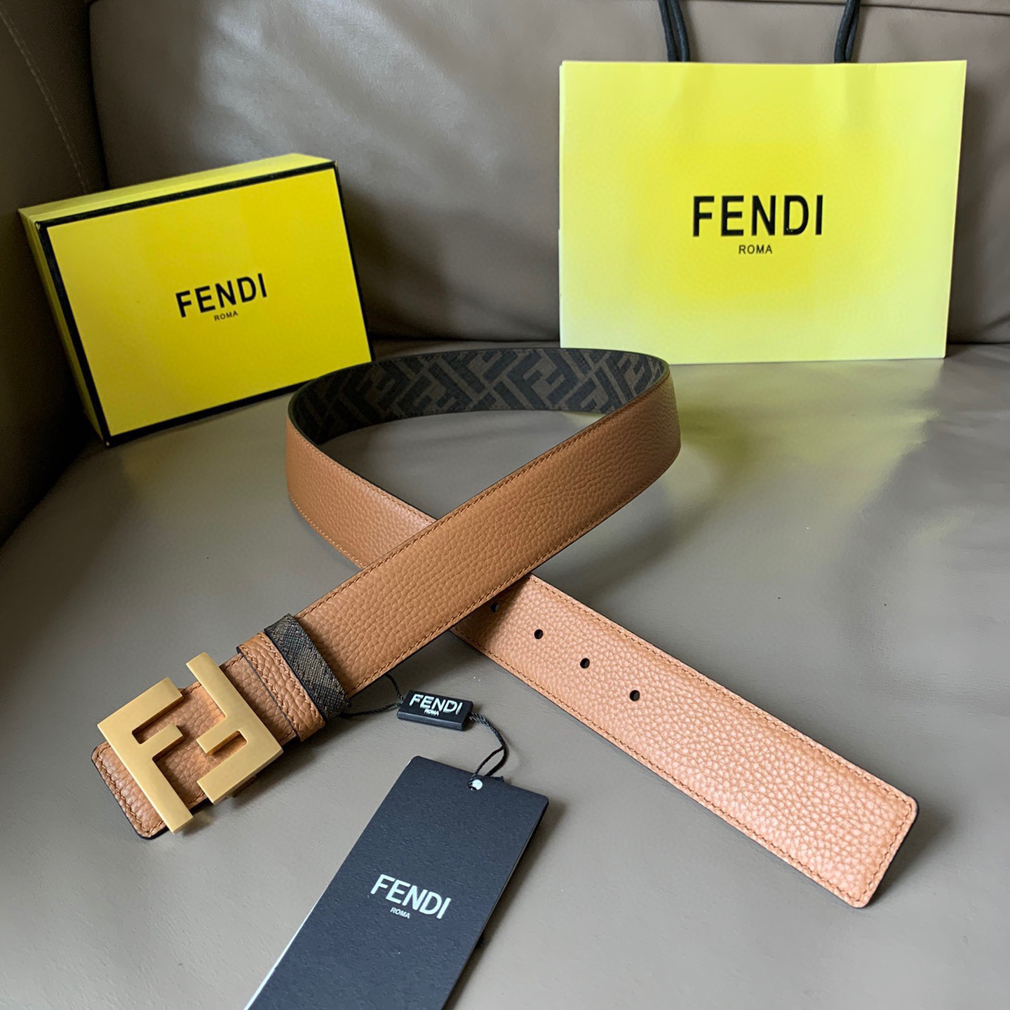 FENDI Men's Double-Sided Belt Ff Nail Buckle Brown Cuoio Romano Cowhide Material Tobacco Yellow And Brown Ff Pattern Fabric Lining Brushed Gold Finish Metal Parts