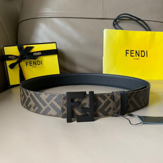FENDI Men's Casual Front And Back Double-Sided Belt With Width Of 4.0cm Ff Pattern Imported C Material Reverse Head Layer Grain Leather Ff Enamel Nail Buckle Fashionable Casual Personality