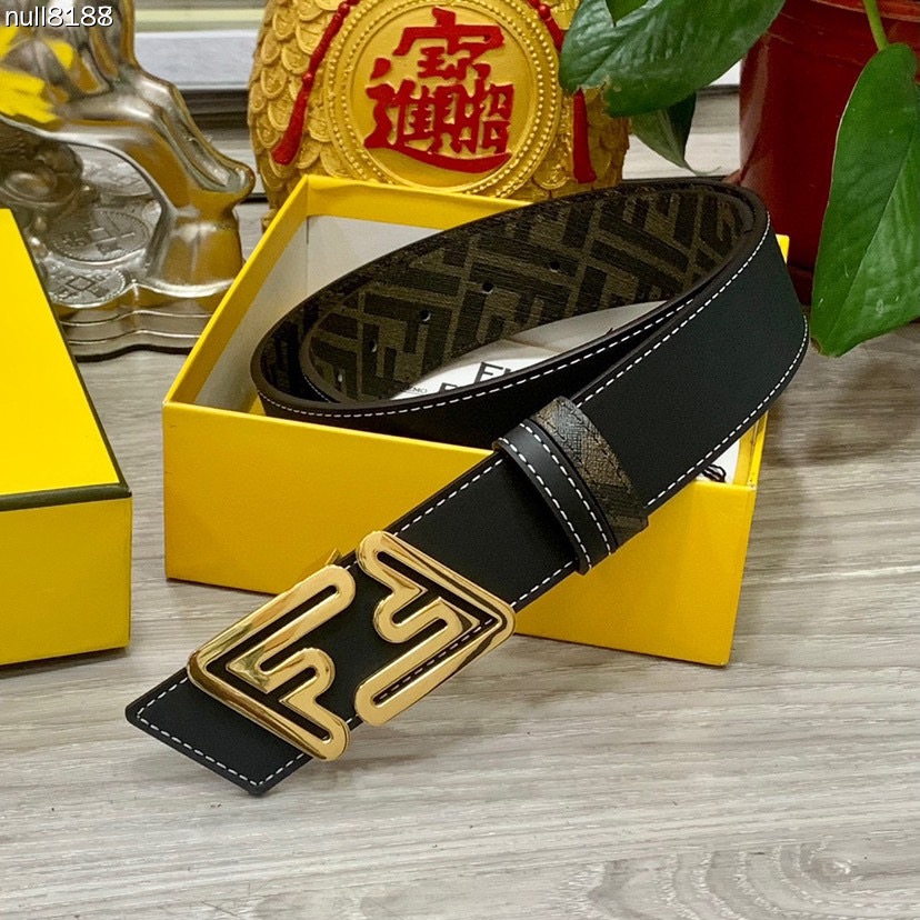 FENDI Unisex Double Ring Front and Back Waistband FF Nail Buckle Double Color Cuoio Romano Leather Material Back Fabric with Tobacco Yellow and Black FF Pattern Black Enamel Metal Finish Fashion Classic Versatile Style Width 4.0cm