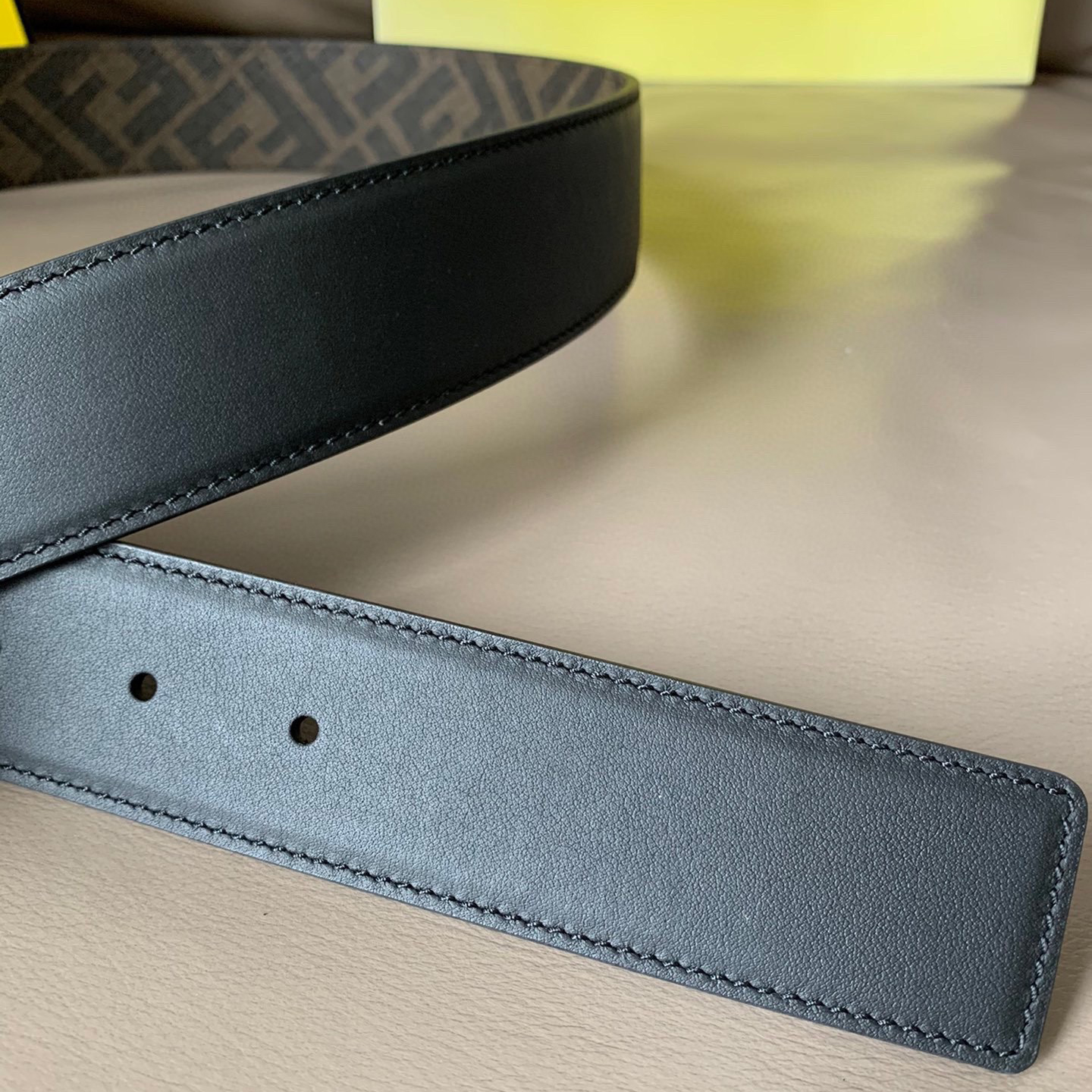 FENDI Men's Double-Sided Belt Ff Nail Buckle Black Cuoio Romano Cowhide Material Tobacco Yellow And Black  FF Pattern Fabric Lining Brushed Gold Finish Metal Parts