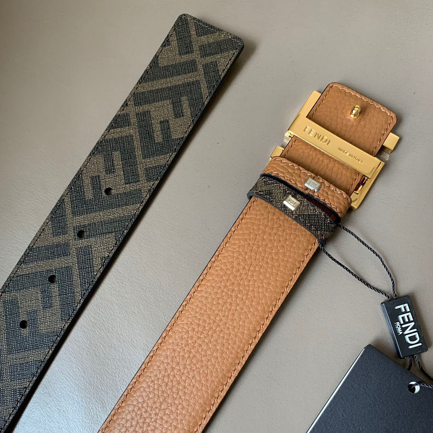 FENDI Men's Double-Sided Belt Ff Nail Buckle Brown Cuoio Romano Cowhide Material Tobacco Yellow And Brown Ff Pattern Fabric Lining Brushed Gold Finish Metal Parts