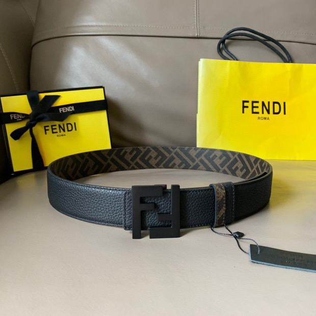 FENDI Men's Casual Front And Back Double-Sided Belt With Width Of 4.0cm Ff Pattern Imported C Material Reverse Head Layer Grain Leather Ff Enamel Nail Buckle Fashionable Casual Personality
