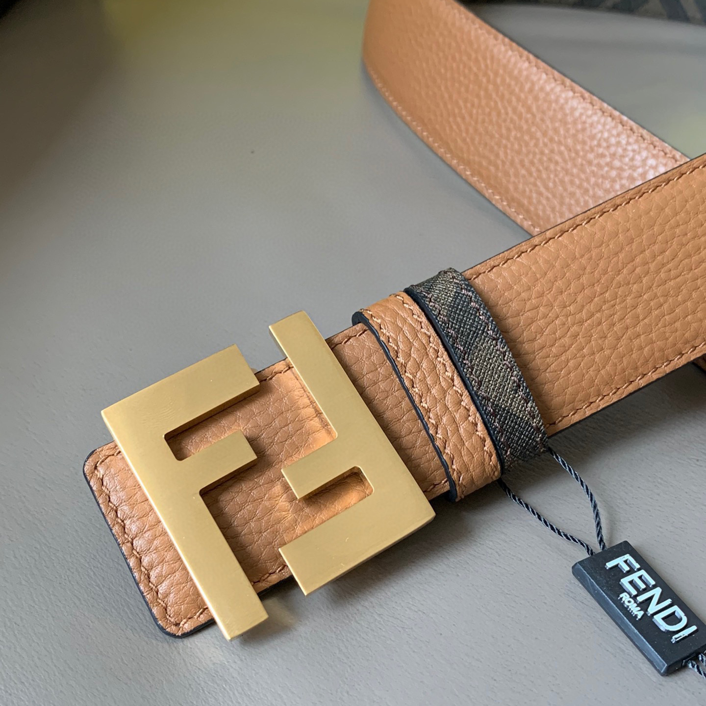 FENDI Men's Double-Sided Belt Ff Nail Buckle Brown Cuoio Romano Cowhide Material Tobacco Yellow And Brown Ff Pattern Fabric Lining Brushed Gold Finish Metal Parts