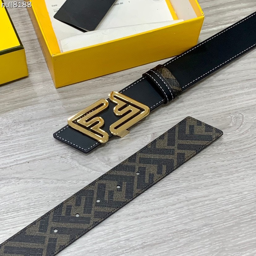 FENDI Unisex Double Ring Front and Back Waistband FF Nail Buckle Double Color Cuoio Romano Leather Material Back Fabric with Tobacco Yellow and Black FF Pattern Black Enamel Metal Finish Fashion Classic Versatile Style Width 4.0cm