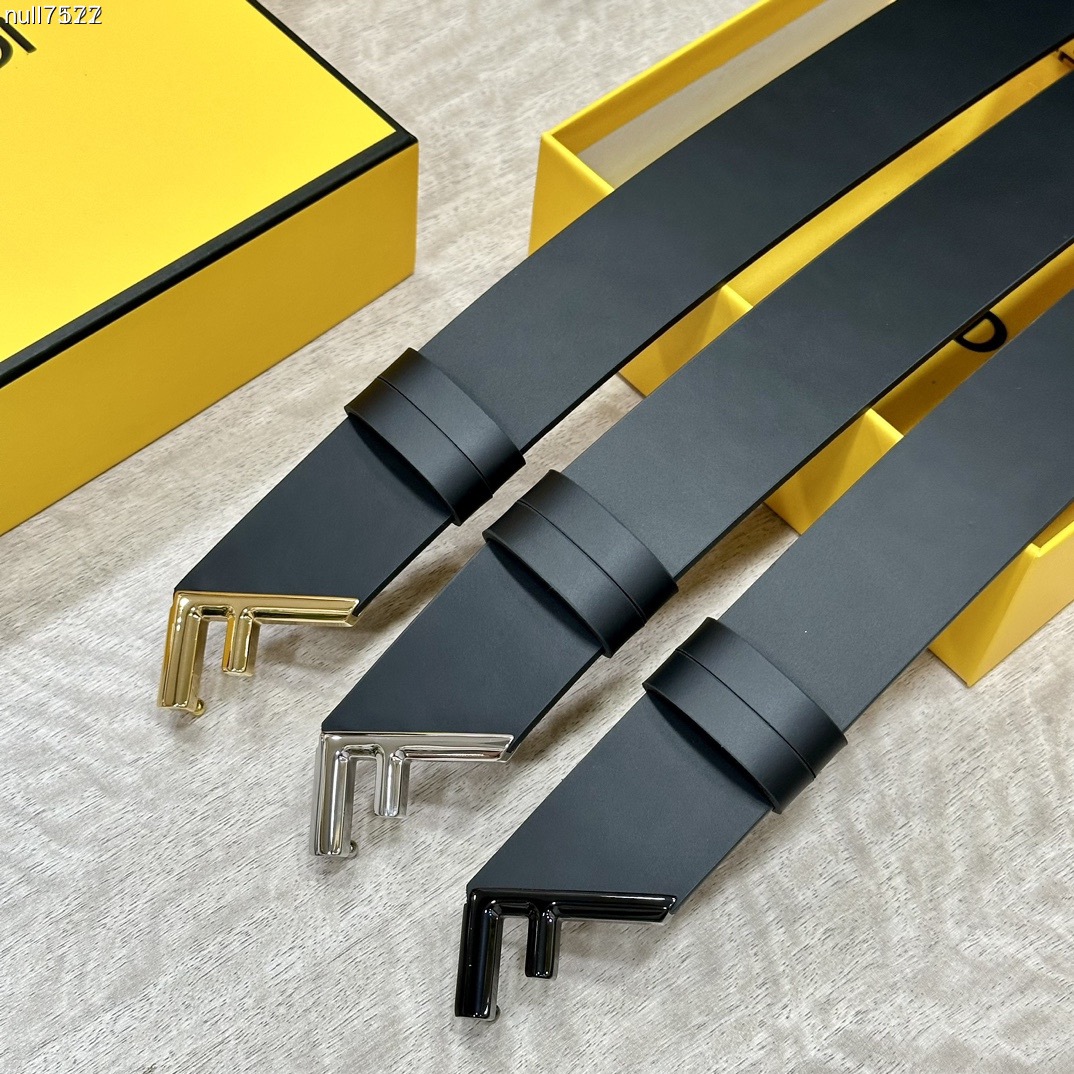 FENDI Unisex Casual Waist Belt Width 4.0cm Black Double Sided Calf Leather With Outstanding Design Of Single Ruthenium Palladium Electroplated Buckle Oil Edge Noble Luxurious Fashionable And Generous Style