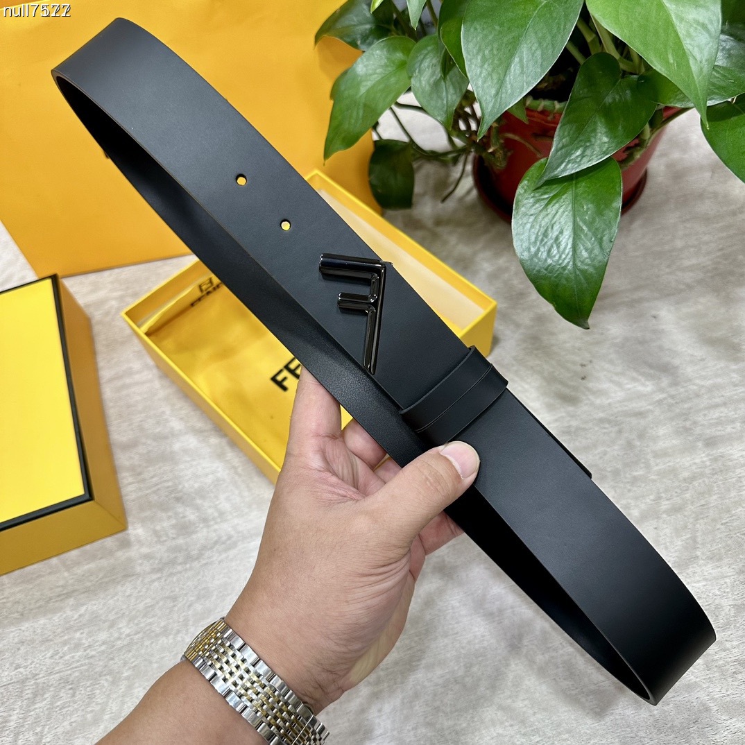 FENDI Unisex Casual Waist Belt Width 4.0cm Black Double Sided Calf Leather With Outstanding Design Of Single Ruthenium Palladium Electroplated Buckle Oil Edge Noble Luxurious Fashionable And Generous Style