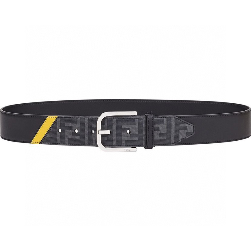 FENDI Men's Fashion Casual Belt Glazed Fabric Material Adorned with FF Pattern Black Smooth Calfskin Lining with Blue Cowhide Details And With Box