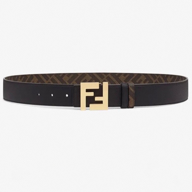 FENDI Men's Double-Sided Belt Ff Nail Buckle Black Cuoio Romano Cowhide Material Tobacco Yellow And Black  FF Pattern Fabric Lining Brushed Gold Finish Metal Parts