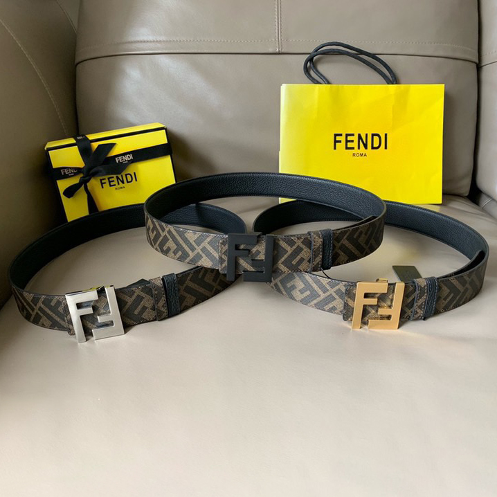 FENDI Men's Casual Front And Back Double-Sided Belt With Width Of 4.0cm Ff Pattern Imported C Material Reverse Head Layer Grain Leather Ff Enamel Nail Buckle Fashionable Casual Personality