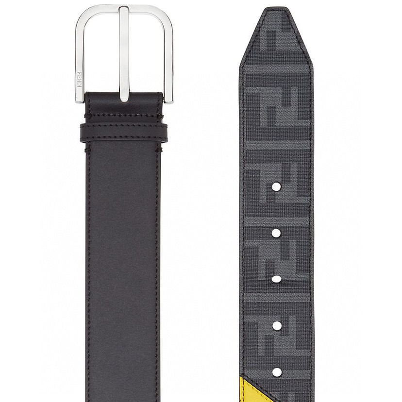 FENDI Men's Fashion Casual Belt Glazed Fabric Material Adorned with FF Pattern Black Smooth Calfskin Lining with Blue Cowhide Details And With Box