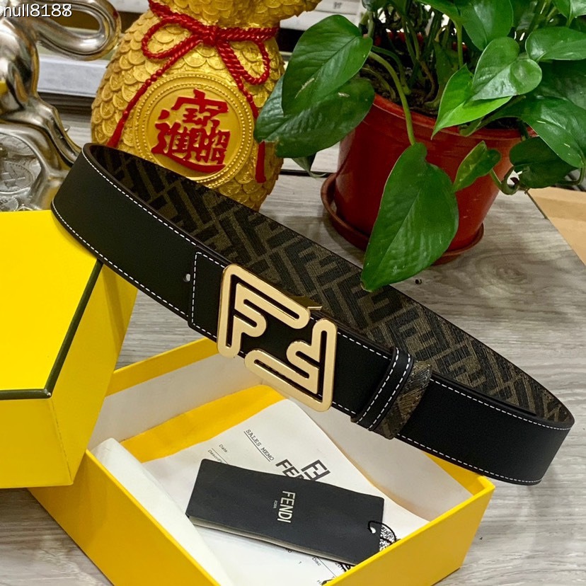 FENDI Unisex Double Ring Front and Back Waistband FF Nail Buckle Double Color Cuoio Romano Leather Material Back Fabric with Tobacco Yellow and Black FF Pattern Black Enamel Metal Finish Fashion Classic Versatile Style Width 4.0cm