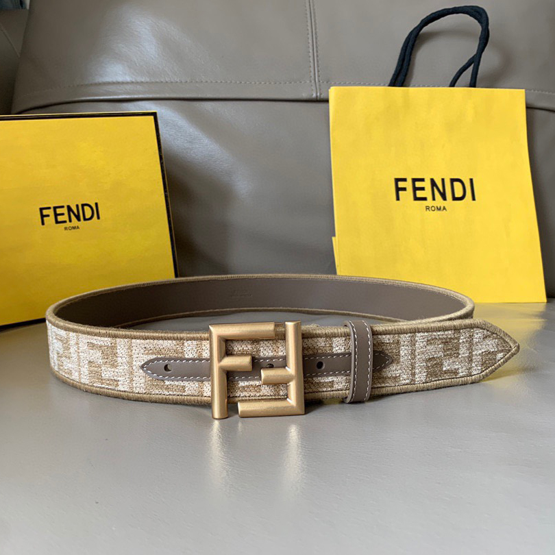 FENDI Unisex Pigeon Grey Fabric Material Decorated With White Jacquard Ff Pattern Beige Leather Details Golden Finished Metal Piece With A Width Of 3.5cm