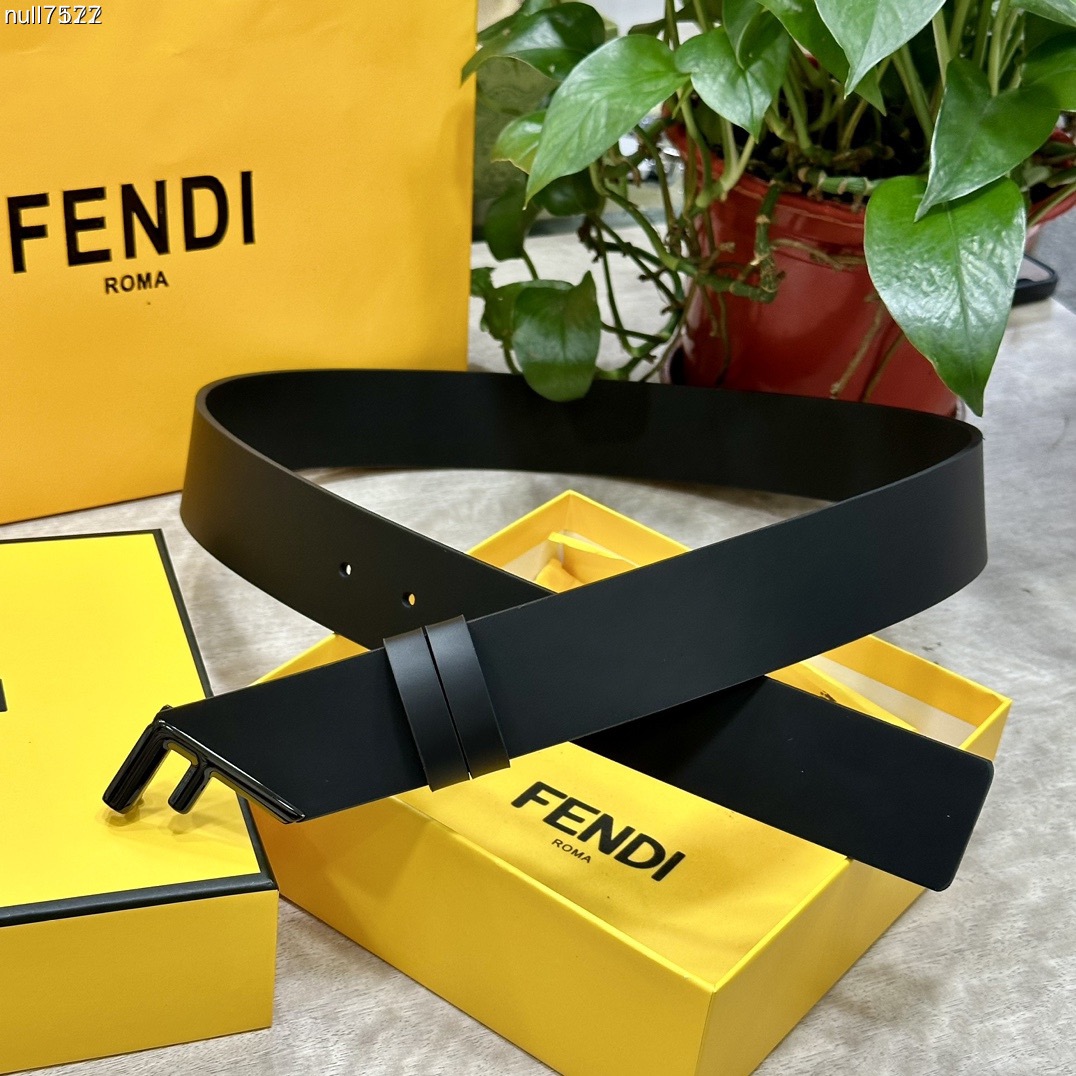 FENDI Unisex Casual Waist Belt Width 4.0cm Black Double Sided Calf Leather With Outstanding Design Of Single Ruthenium Palladium Electroplated Buckle Oil Edge Noble Luxurious Fashionable And Generous Style