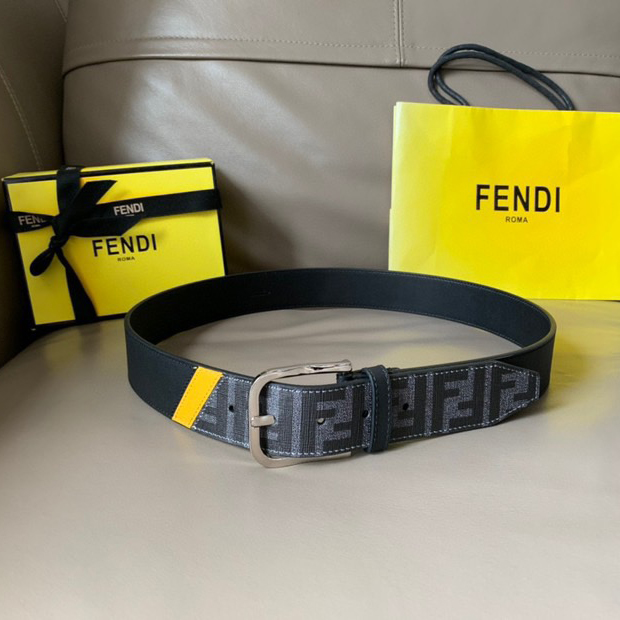 FENDI Men's Fashion Casual Belt Glazed Fabric Material Adorned with FF Pattern Black Smooth Calfskin Lining with Blue Cowhide Details And With Box