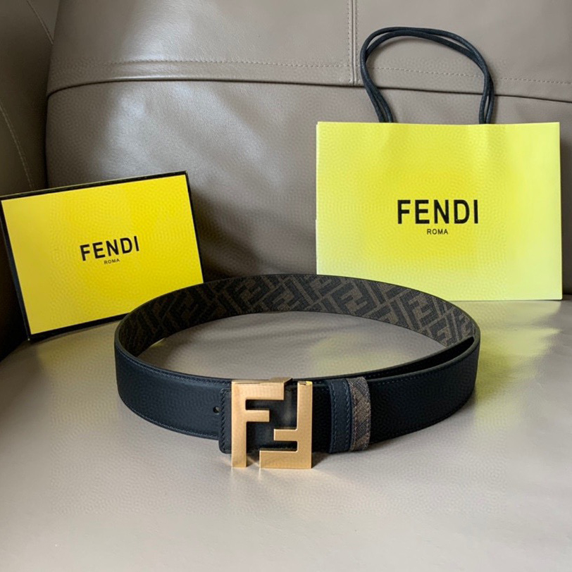 FENDI Men's Double-Sided Belt Ff Nail Buckle Black Cuoio Romano Cowhide Material Tobacco Yellow And Black  FF Pattern Fabric Lining Brushed Gold Finish Metal Parts