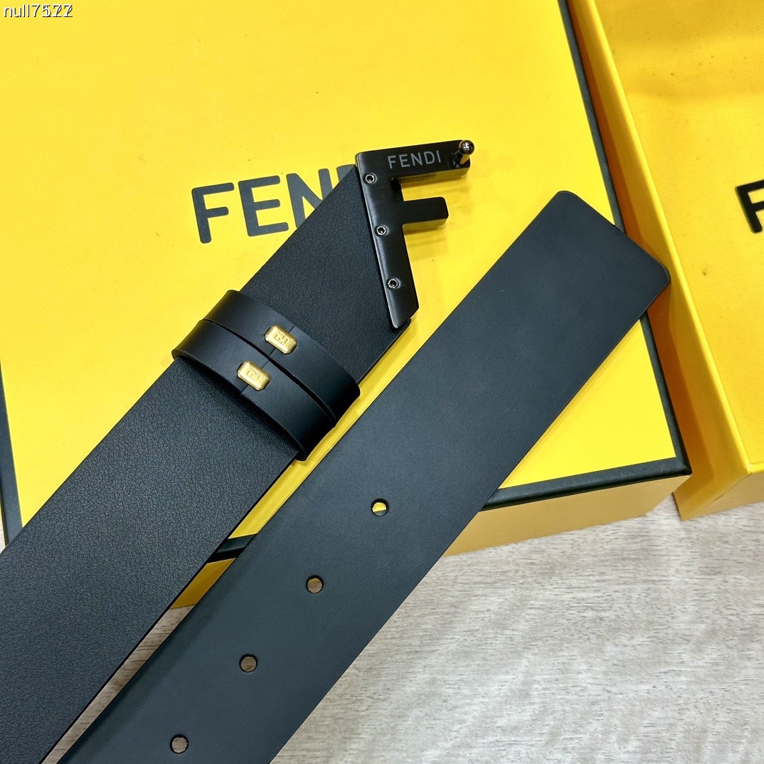FENDI Unisex Casual Waist Belt Width 4.0cm Black Double Sided Calf Leather With Outstanding Design Of Single Ruthenium Palladium Electroplated Buckle Oil Edge Noble Luxurious Fashionable And Generous Style