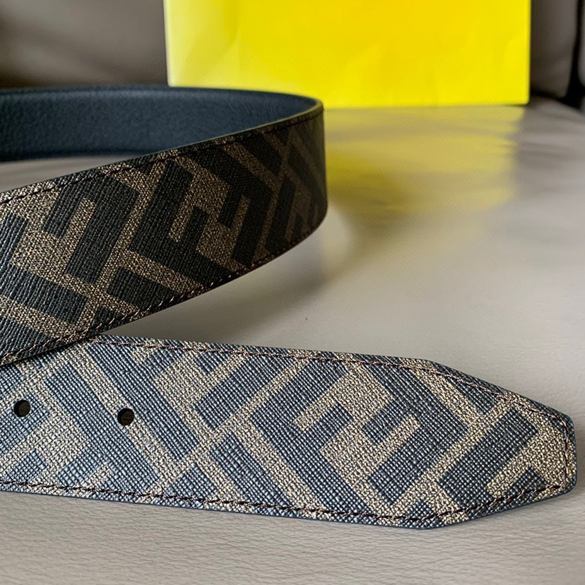 FENDI Men's Casual Front And Back Double-Sided Belt With Width Of 4.0cm Ff Pattern Imported C Material Reverse Head Layer Grain Leather Ff Enamel Nail Buckle Fashionable Casual Personality