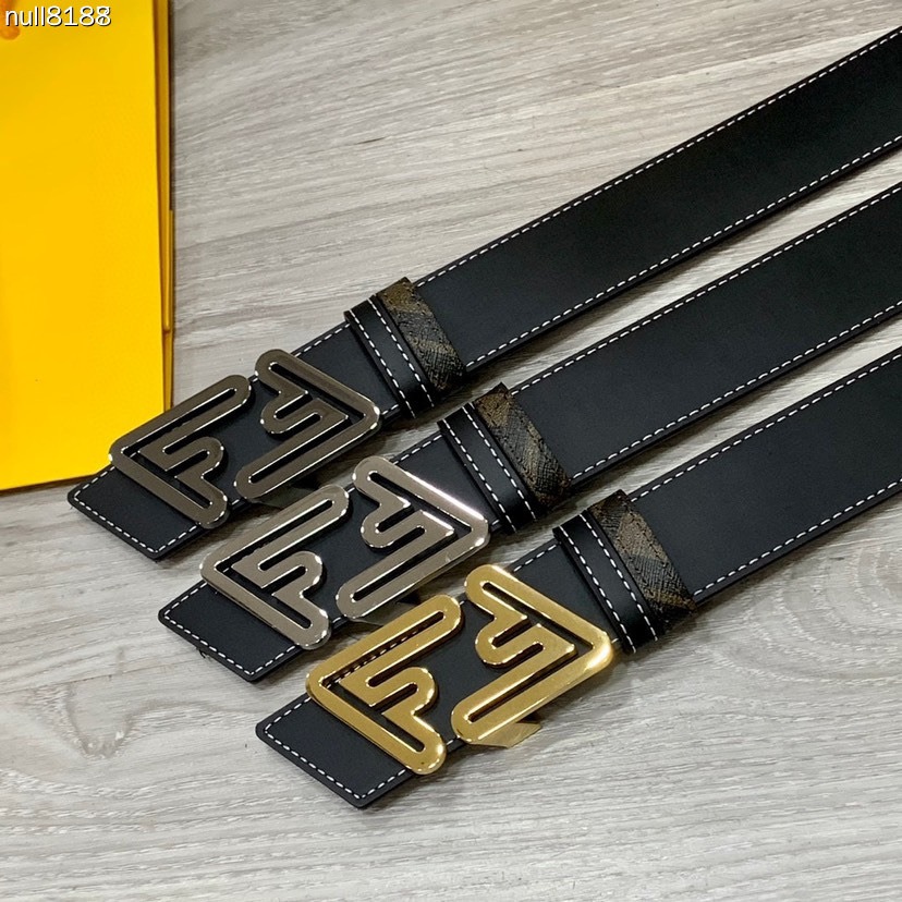 FENDI Unisex Double Ring Front and Back Waistband FF Nail Buckle Double Color Cuoio Romano Leather Material Back Fabric with Tobacco Yellow and Black FF Pattern Black Enamel Metal Finish Fashion Classic Versatile Style Width 4.0cm