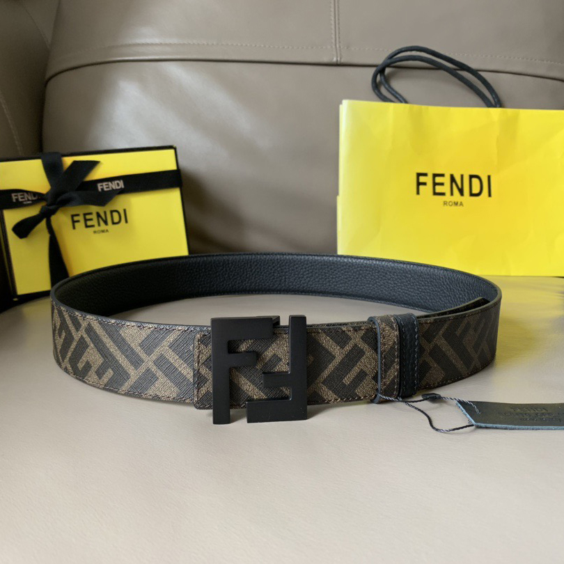 FENDI Men's Double-Sided Belt Ff Nail Buckle Black Cuoio Romano Cowhide Material Tobacco Yellow And Black  FF Pattern Fabric Lining Brushed Gold Finish Metal Parts