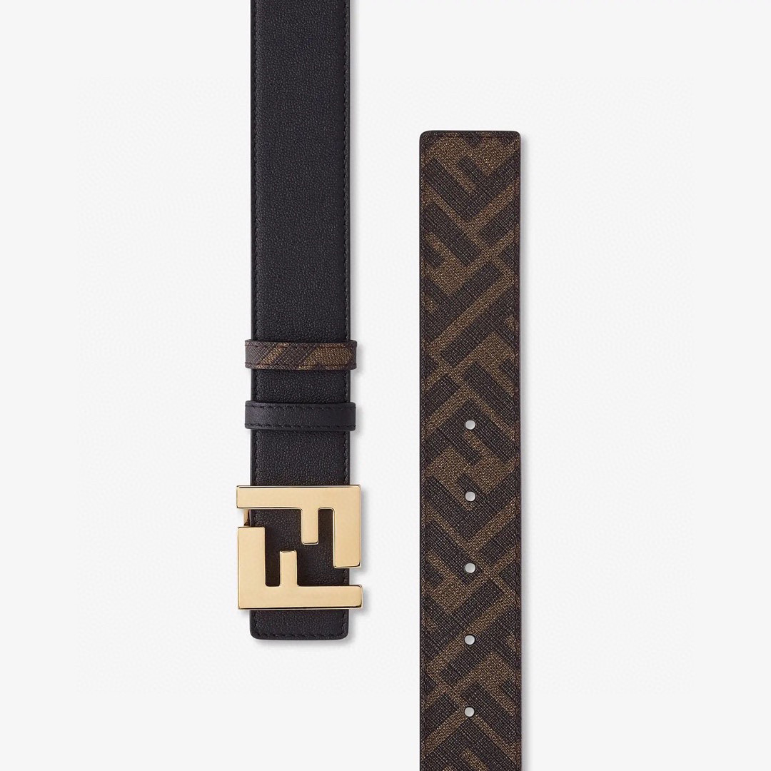 FENDI Men's Double-Sided Belt Ff Nail Buckle Black Cuoio Romano Cowhide Material Tobacco Yellow And Black  FF Pattern Fabric Lining Brushed Gold Finish Metal Parts
