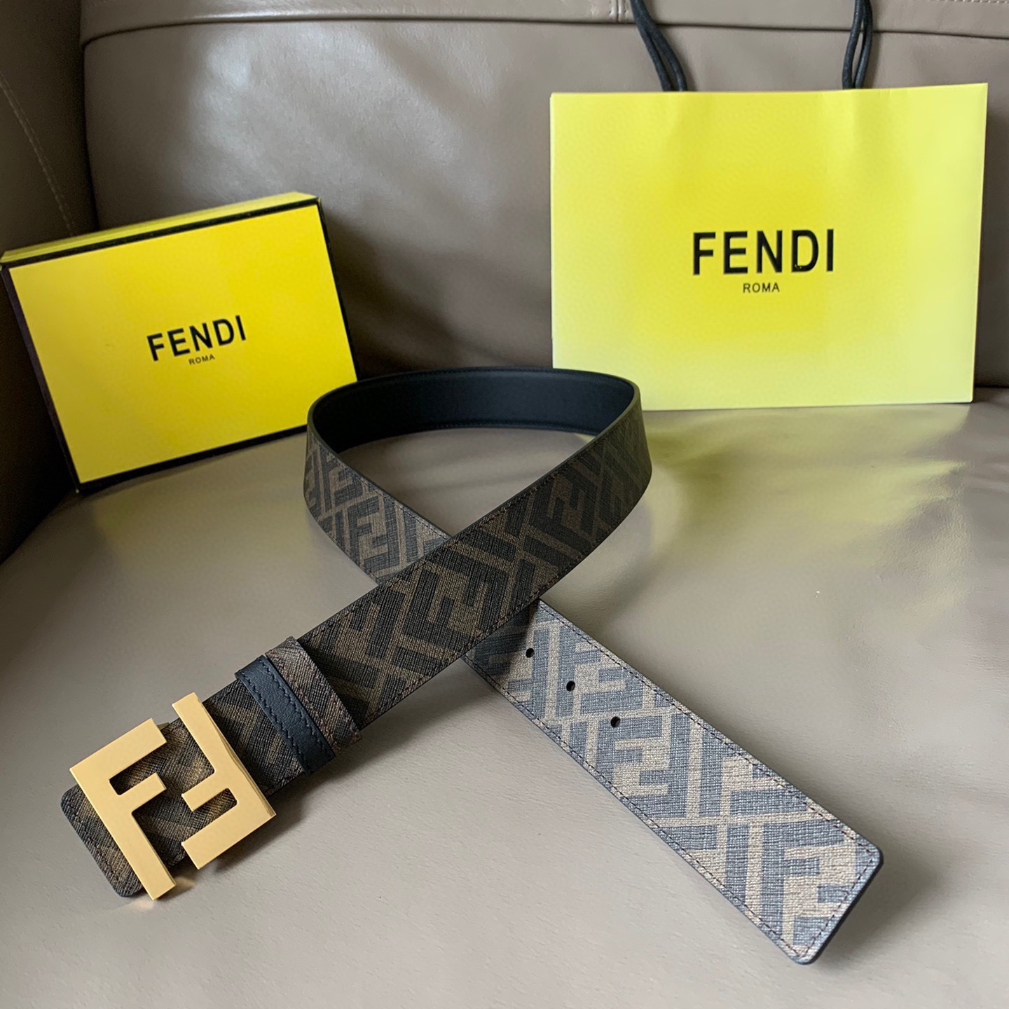 FENDI Men's Double-Sided Belt Ff Nail Buckle Black Cuoio Romano Cowhide Material Tobacco Yellow And Black  FF Pattern Fabric Lining Brushed Gold Finish Metal Parts