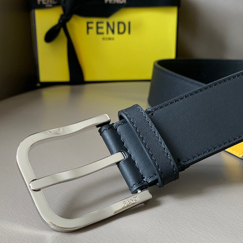 FENDI Men's Fashion Casual Belt Glazed Fabric Material Adorned with FF Pattern Black Smooth Calfskin Lining with Blue Cowhide Details And With Box