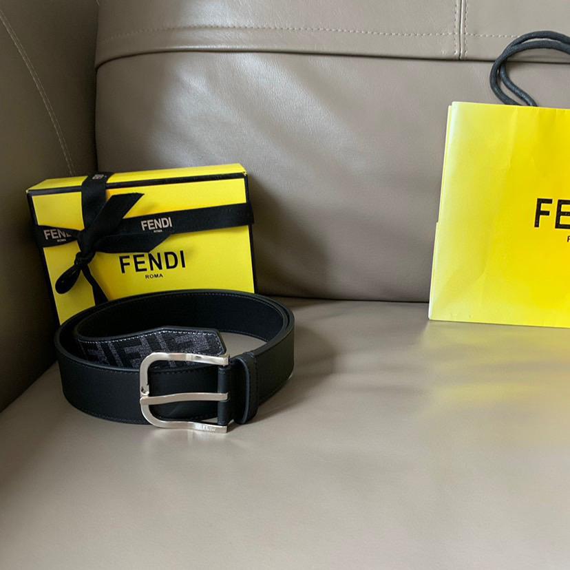 FENDI Men's Fashion Casual Belt Glazed Fabric Material Adorned with FF Pattern Black Smooth Calfskin Lining with Blue Cowhide Details And With Box