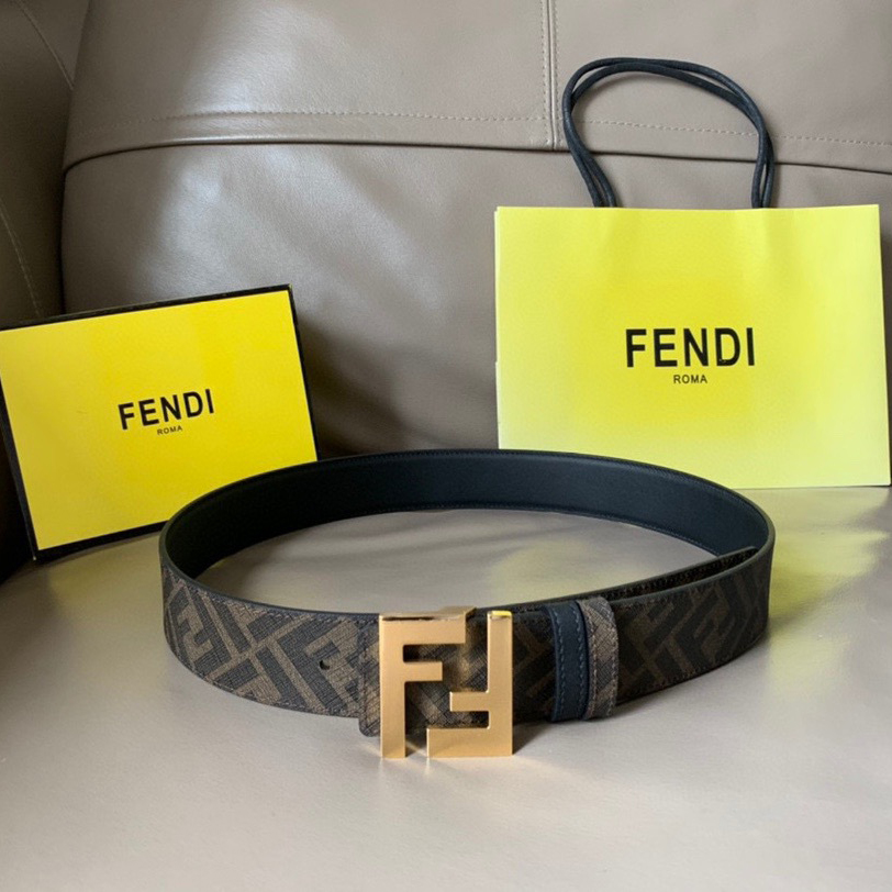 FENDI Men's Double-Sided Belt Ff Nail Buckle Black Cuoio Romano Cowhide Material Tobacco Yellow And Black  FF Pattern Fabric Lining Brushed Gold Finish Metal Parts