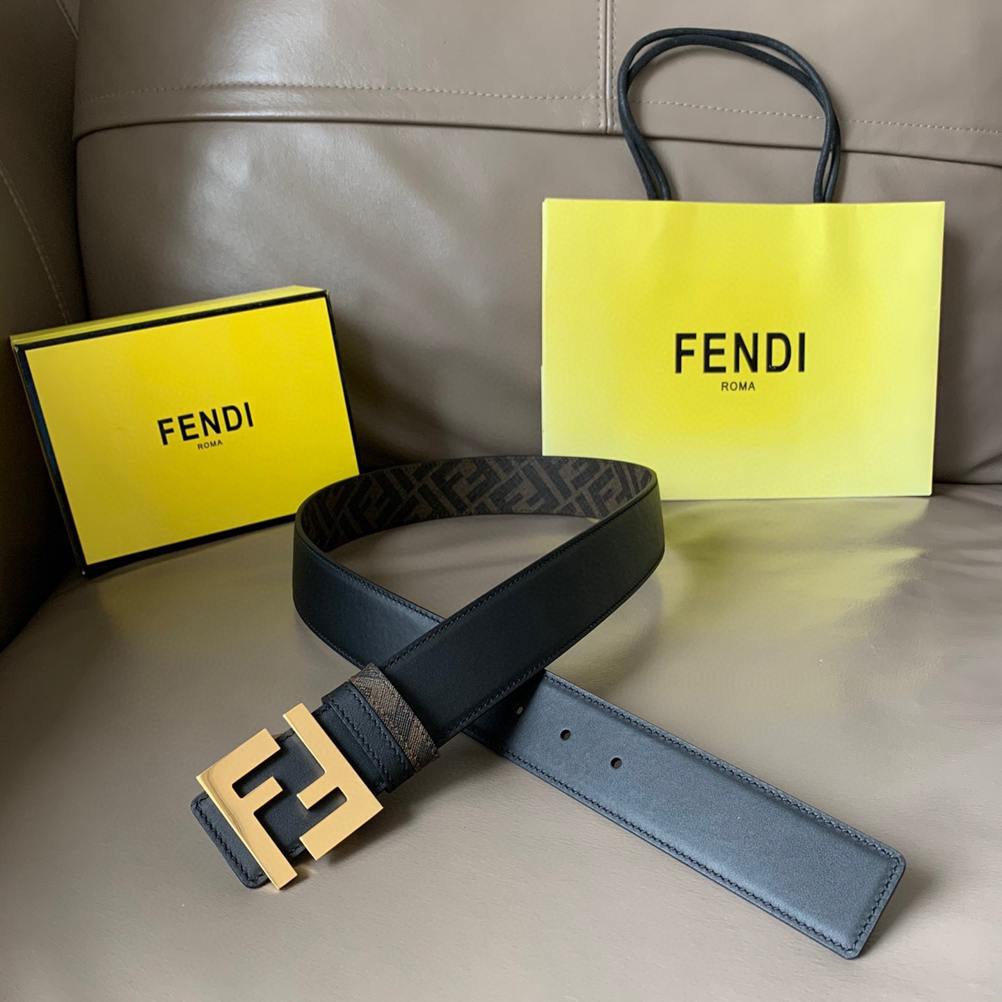 FENDI Men's Double-Sided Belt Ff Nail Buckle Black Cuoio Romano Cowhide Material Tobacco Yellow And Black  FF Pattern Fabric Lining Brushed Gold Finish Metal Parts