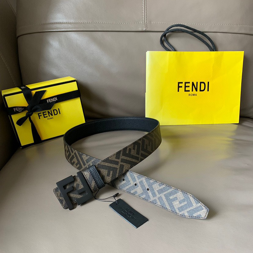 FENDI Men's Casual Front And Back Double-Sided Belt With Width Of 4.0cm Ff Pattern Imported C Material Reverse Head Layer Grain Leather Ff Enamel Nail Buckle Fashionable Casual Personality