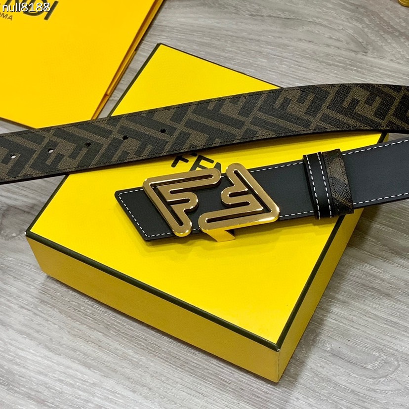 FENDI Unisex Double Ring Front and Back Waistband FF Nail Buckle Double Color Cuoio Romano Leather Material Back Fabric with Tobacco Yellow and Black FF Pattern Black Enamel Metal Finish Fashion Classic Versatile Style Width 4.0cm