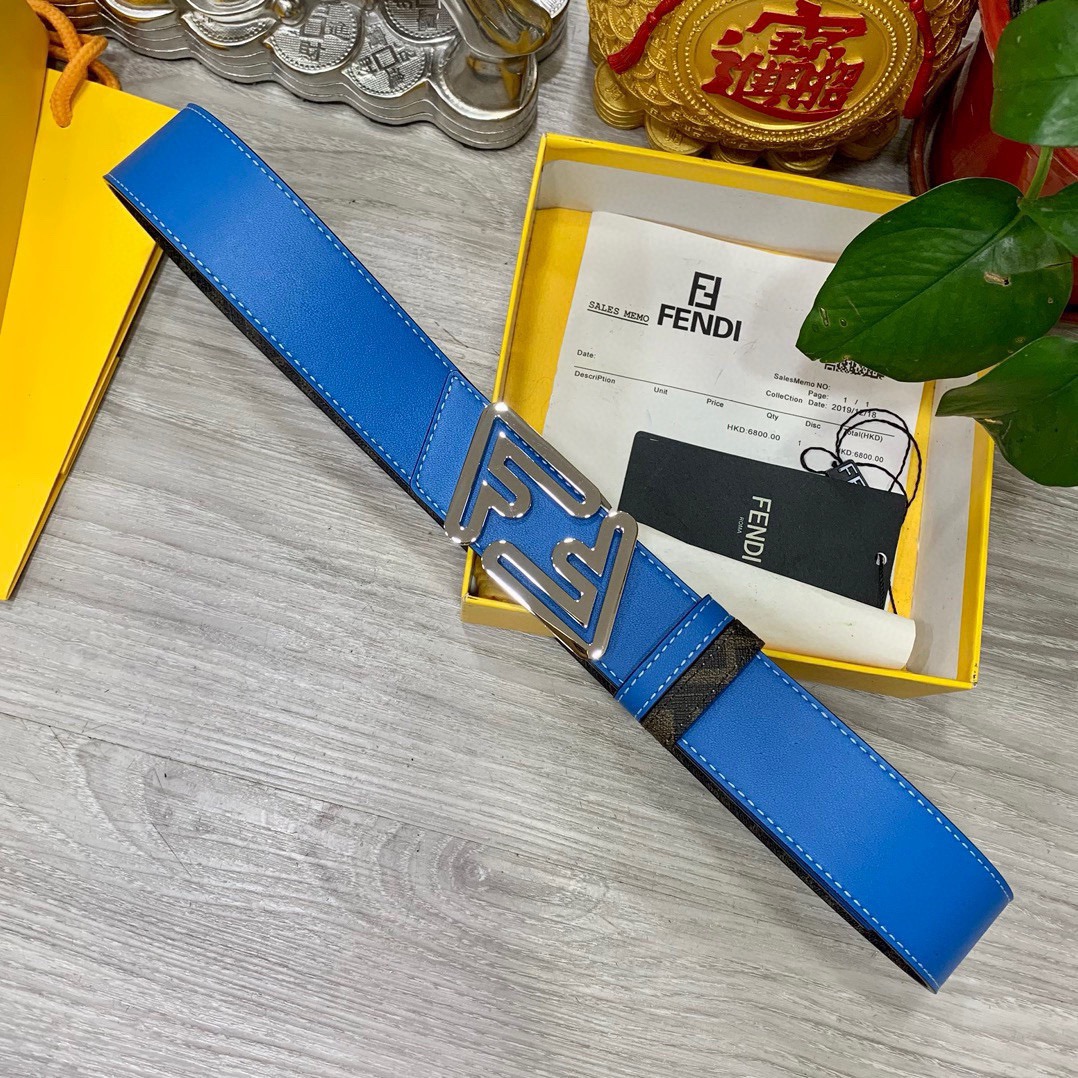 FENDI Unisex Double Ring Front and Back Waistband FF Nail Buckle Double Color Cuoio Romano Leather Material Back Fabric with Tobacco Yellow and Black FF Pattern Black Enamel Metal Finish Fashion Classic Versatile Style Width 4.0cm