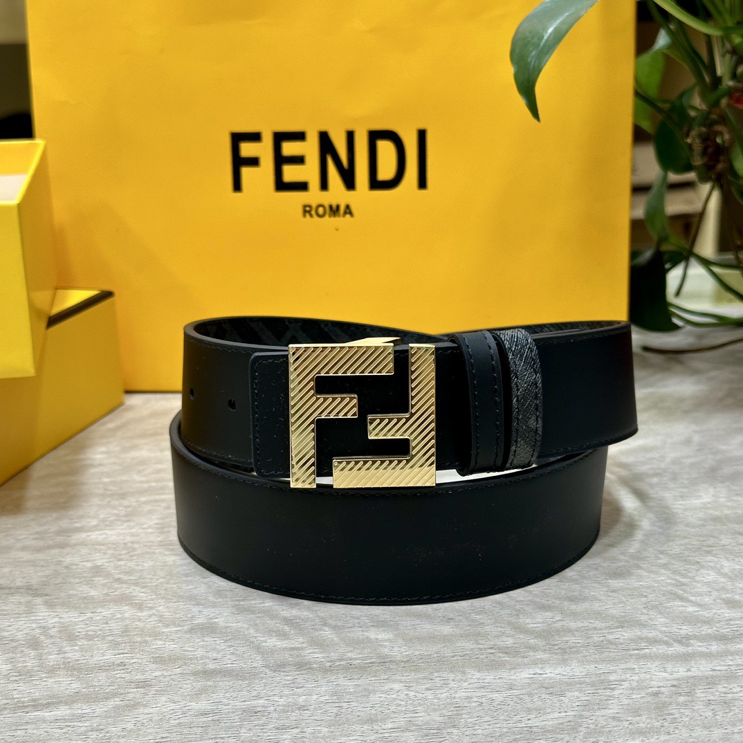 FENDI Designer Belt Men Belts Women Brand Belt Double Loop Front and Back Waist Belt FF Nail Buckle Black Cuoio Romano Leather Material Back Fabric with Tobacco Yellow and Black FF Pattern Black Enamel Metal Finish Versatile Width 4.0 CM And With Box