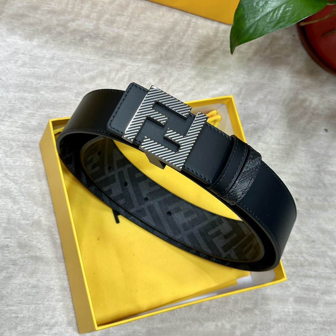 FENDI Designer Belt Men Belts Women Brand Belt Double Loop Front and Back Waist Belt FF Nail Buckle Black Cuoio Romano Leather Material Back Fabric with Tobacco Yellow and Black FF Pattern Black Enamel Metal Finish Versatile Width 4.0 CM And With Box